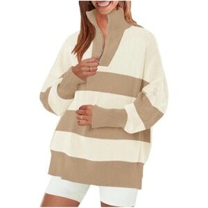 Women’s Striped Sweater 1/4 Zip Ribbed Knit Oversized Pull Over Cream Tan Large